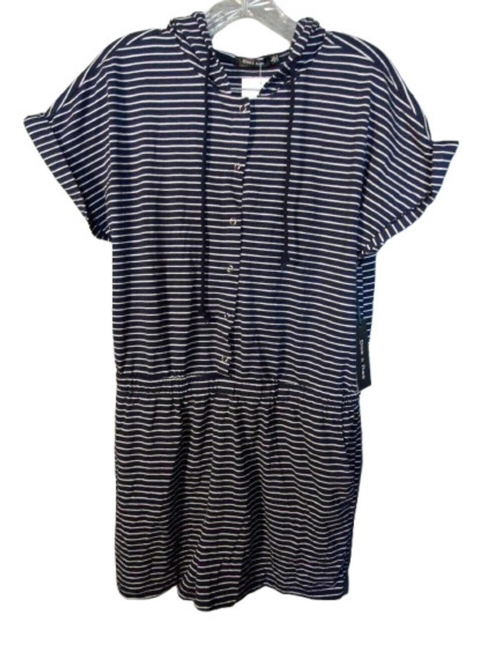 Doe & Rae Hooded Short Sleeve Shorts Romper Sz Large Navy White Stripe Nautical
